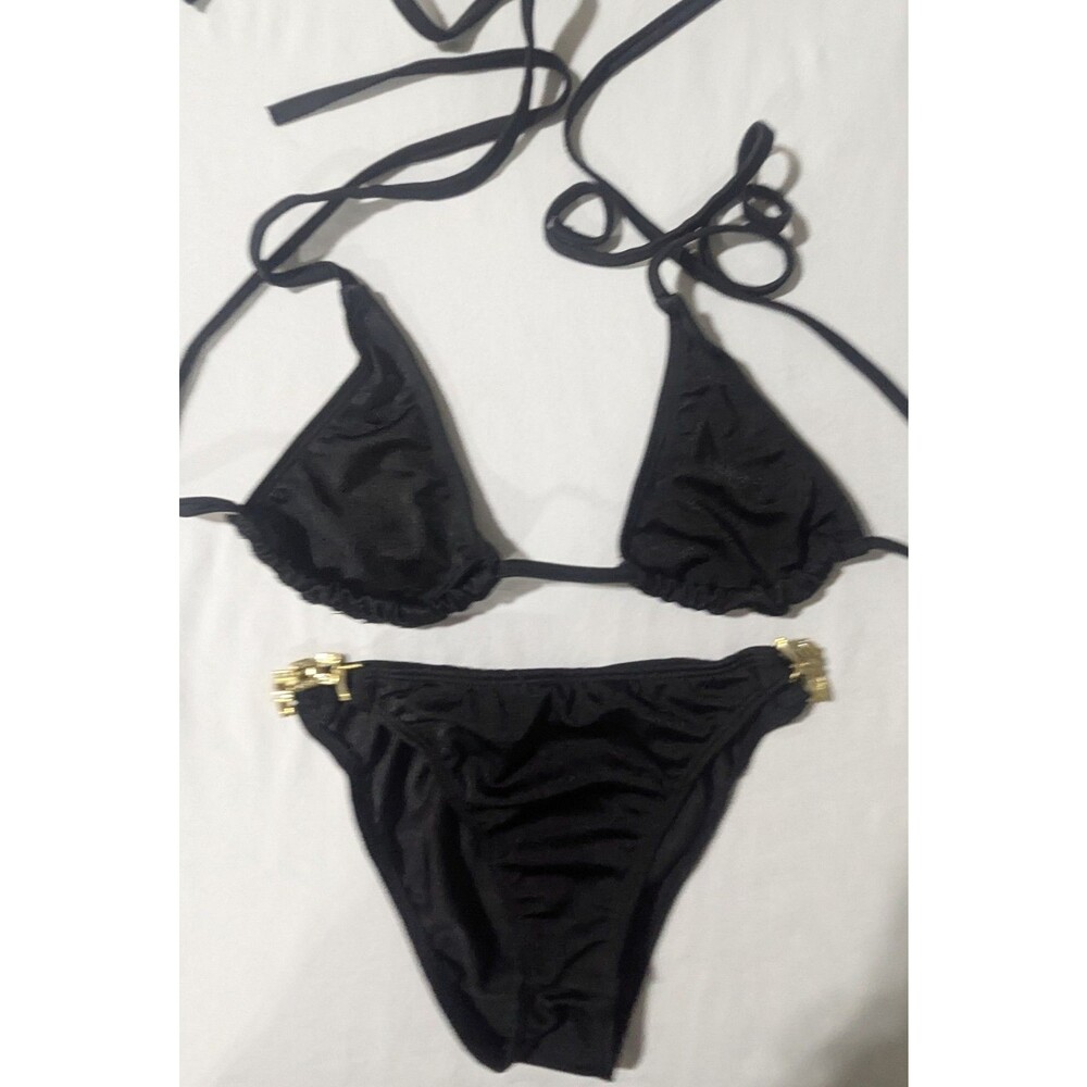 Black String Bikini Set Triangle Top Gold Hardware Cheeky Bottom Women's